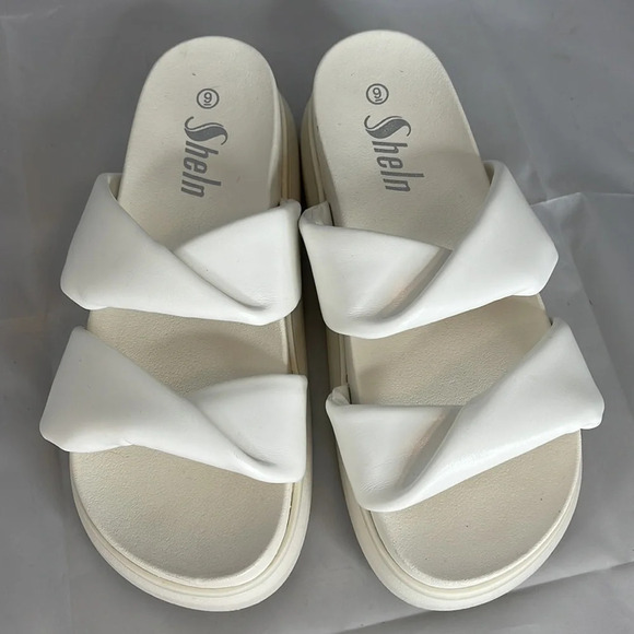 SHEIN Platform Padded Chunky Slides White Faux Leather Twist Strap Sandals 9 - Picture 6 of 10